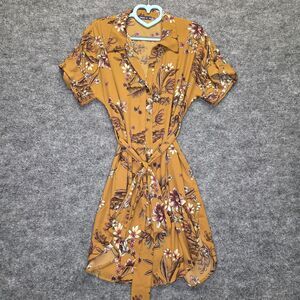 Blue.S Shirt Dress Womens Medium Yellow Floral Button Front Belted Tie Collared
